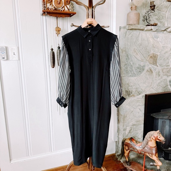 Vintage Dresses & Skirts - Vintage Silk Striped Balloon Sleeve Black Midi Dress